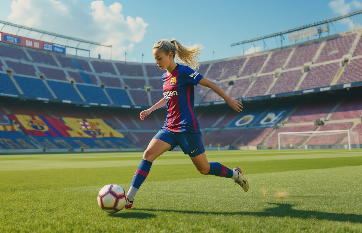 Create a realistic image of a young white female soccer player in Barcelona's distinctive blue and red striped jersey during training at a professional football facility, with the iconic Camp Nou stadium visible in the background, showing her mid-kick with a soccer ball, surrounded by well-maintained grass pitches and Barcelona team banners, under bright natural daylight that creates a determined and aspirational mood. Absolutely NO text should be in the scene.