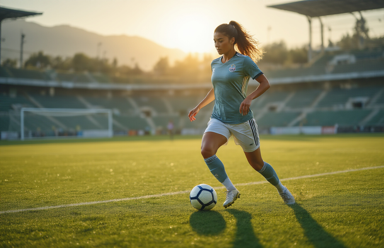 Create a realistic image of a female soccer player with Mediterranean features in mid-action on a professional soccer field, demonstrating advanced ball control and passing technique in the center of the pitch, wearing a modern soccer uniform, with the ball at her feet as she surveys the field with focused concentration, surrounded by green grass with penalty boxes and goal posts visible in the background, captured during golden hour lighting that creates dramatic shadows across the field, showcasing the technical precision and tactical awareness required for elite midfield play, absolutely NO text should be in the scene.