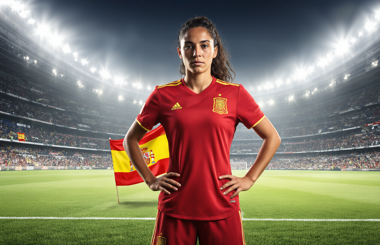 Create a realistic image of a female Spanish soccer player with Mediterranean features wearing the red Spain national team jersey, standing proudly on a soccer field with the Spanish flag visible in the background, stadium lights creating a professional athletic atmosphere, the scene capturing the essence of international competition and national pride. Absolutely NO text should be in the scene.