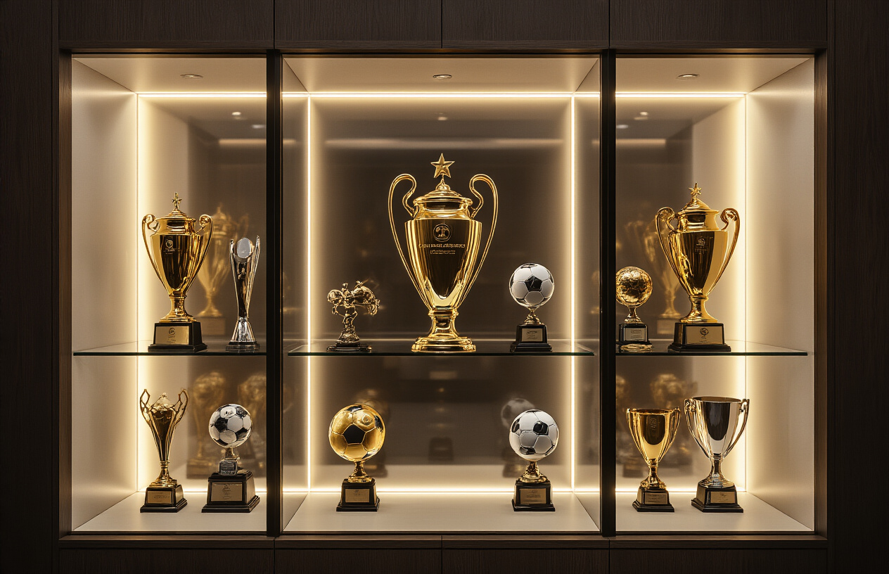 Create a realistic image of a luxurious trophy cabinet display showcasing multiple golden football trophies, medals, and awards arranged on elegant glass shelves with soft LED lighting illuminating each piece, featuring Champions League trophies, Ballon d'Or awards, World Cup medals, and various championship cups in a sophisticated modern interior setting with dark wood paneling and subtle reflective surfaces creating an atmosphere of prestige and achievement, absolutely NO text should be in the scene.