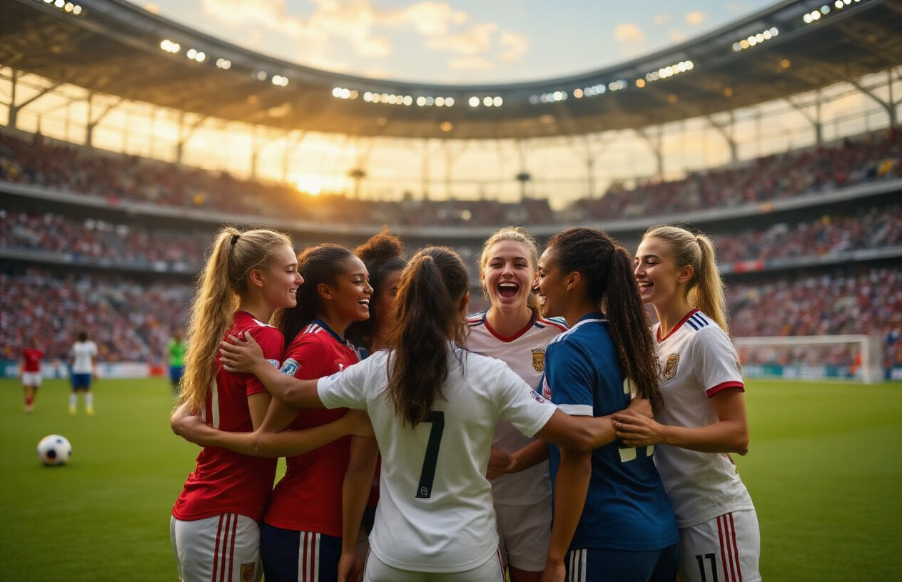 Create a realistic image of a diverse group of young female soccer players of various races including white, black, and Hispanic women celebrating together on a professional soccer field, wearing different team jerseys, with a modern stadium filled with cheering crowds in the background, golden hour lighting creating an inspiring and triumphant atmosphere, soccer balls and goal posts visible, emphasizing the growth and unity in women's football, absolutely NO text should be in the scene.
