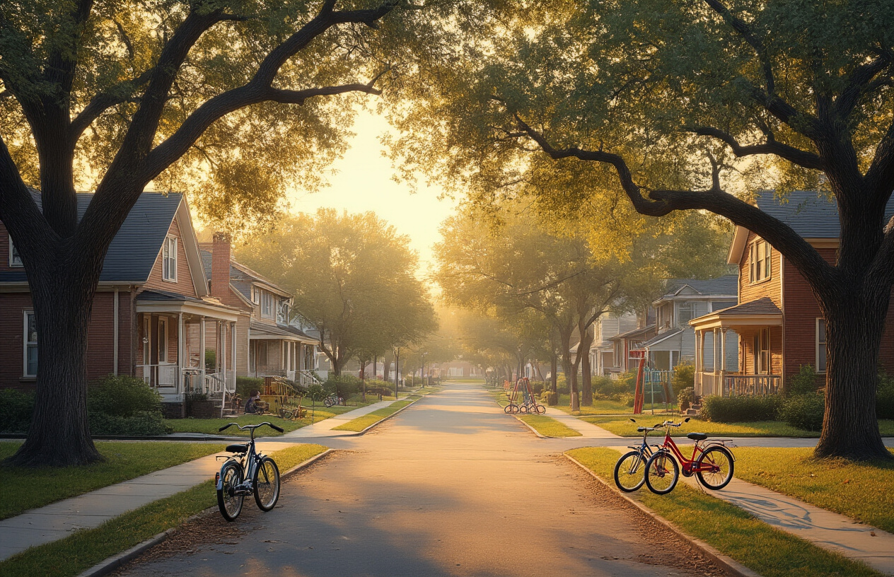 Create a realistic image of a peaceful childhood neighborhood scene with vintage family homes from the mid-20th century, tree-lined streets, children's bicycles parked on sidewalks, a small playground in the background, warm golden hour lighting filtering through mature oak trees, representing formative years and family origins, with a nostalgic and serene atmosphere that evokes memories of growing up in a close-knit community, absolutely NO text should be in the scene.