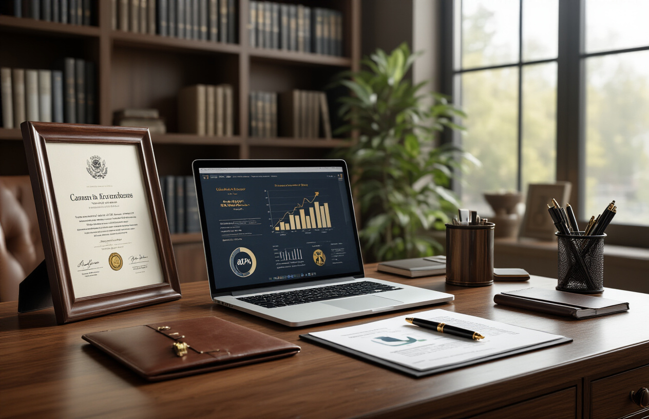 Create a realistic image of a professional office environment showcasing career achievements with a polished wooden desk displaying framed certificates, awards, and accolades, a modern laptop open showing business graphs, a sleek pen holder with expensive pens, a leather portfolio partially open with business documents visible, soft natural lighting from a large window in the background creating a warm ambiance, with bookshelves filled with professional development books and industry publications visible in the background, absolutely NO text should be in the scene.