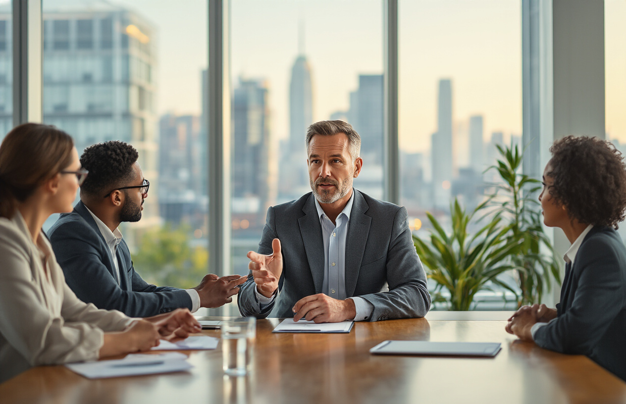 Create a realistic image of a professional white male executive in his 40s sitting at a modern conference table during a leadership meeting, gesturing confidently while speaking to a diverse team of professionals, with a sleek corporate office background featuring floor-to-ceiling windows showing a city skyline, warm natural lighting creating an inspiring and collaborative atmosphere, absolutely NO text should be in the scene.