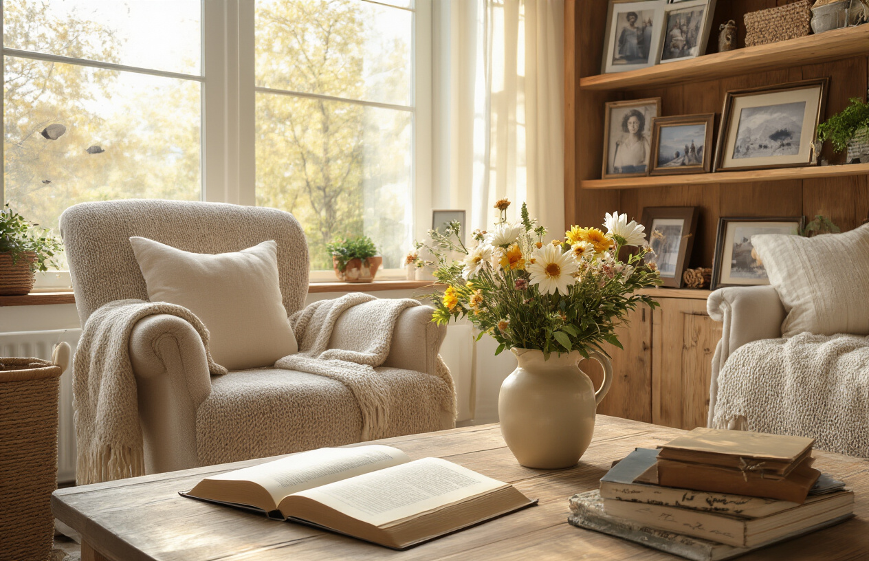 Create a realistic image of a warm, inviting home setting with a comfortable living room featuring family photos on wooden shelves, a cozy reading chair with an open book, fresh flowers in a vase, soft natural lighting streaming through windows, and personal mementos like travel souvenirs and handwritten letters on a coffee table, conveying a sense of personal values, family connection, and meaningful life moments, absolutely NO text should be in the scene.