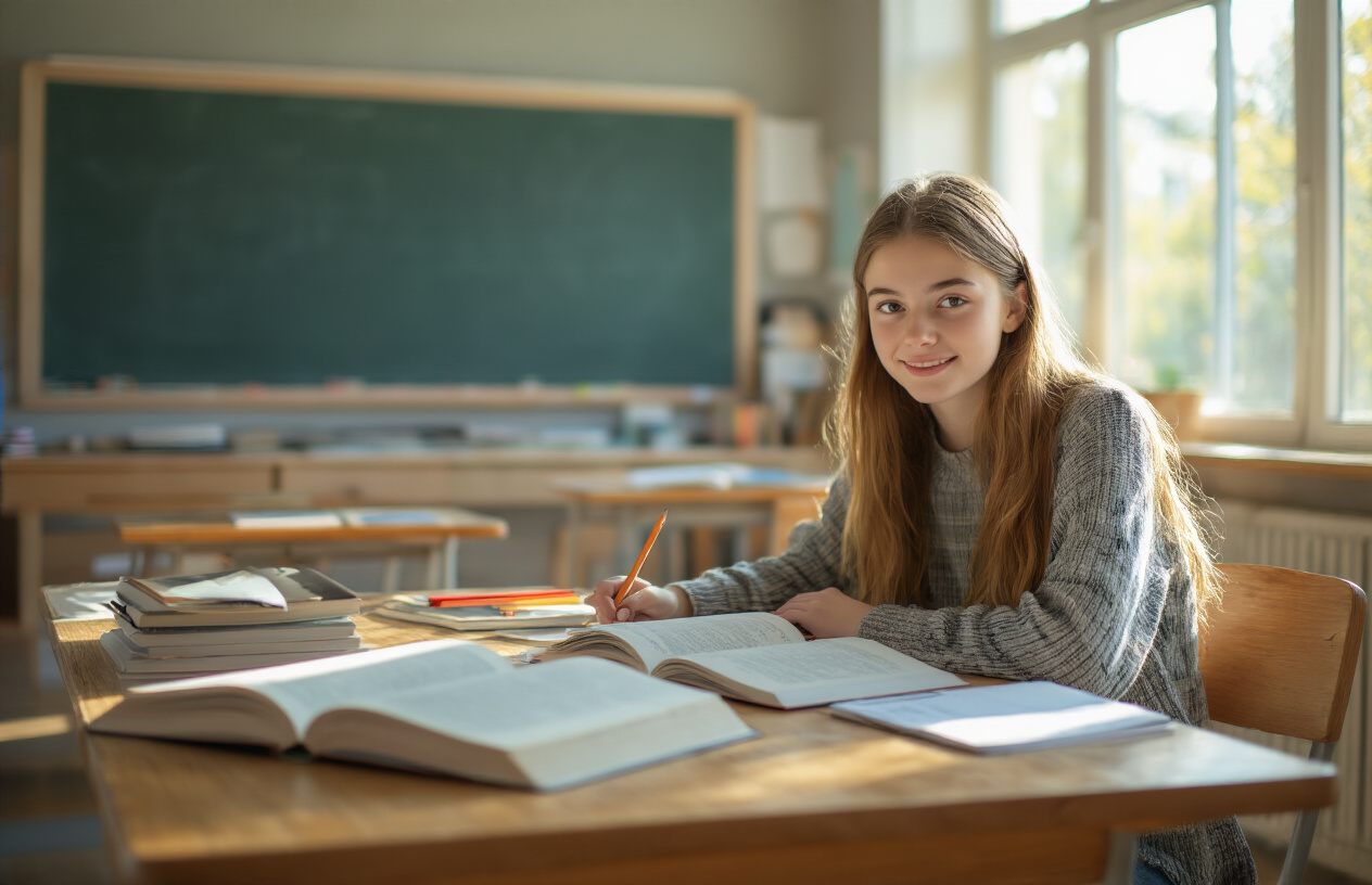 Create a realistic image of a young white female student sitting at a wooden desk in a bright classroom, surrounded by open textbooks and notebooks, with a chalkboard visible in the background, warm natural lighting streaming through large windows, creating an academic and studious atmosphere that represents foundational learning and education, with school supplies like pencils and papers scattered on the desk, absolutely NO text should be in the scene.