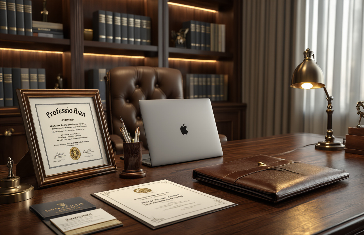 Create a realistic image of a professional office setting with a polished wooden desk displaying career achievement symbols including a framed diploma, professional awards, a leather portfolio, business cards in a holder, and a sleek laptop, with a comfortable executive chair behind the desk, warm ambient lighting from a desk lamp, and bookshelves with professional publications in the background, conveying success and professional accomplishment, absolutely NO text should be in the scene.