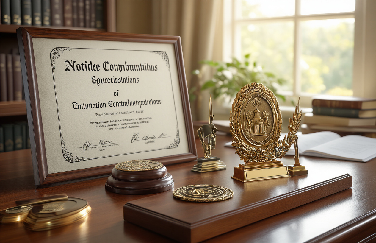 Create a realistic image of a professional achievement scene featuring symbolic elements of notable contributions including awards, certificates, and recognition plaques arranged on a polished wooden desk, with soft natural lighting from a window, books and documents in the background suggesting academic or professional accomplishments, warm and inspiring mood conveying success and impact, absolutely NO text should be in the scene.