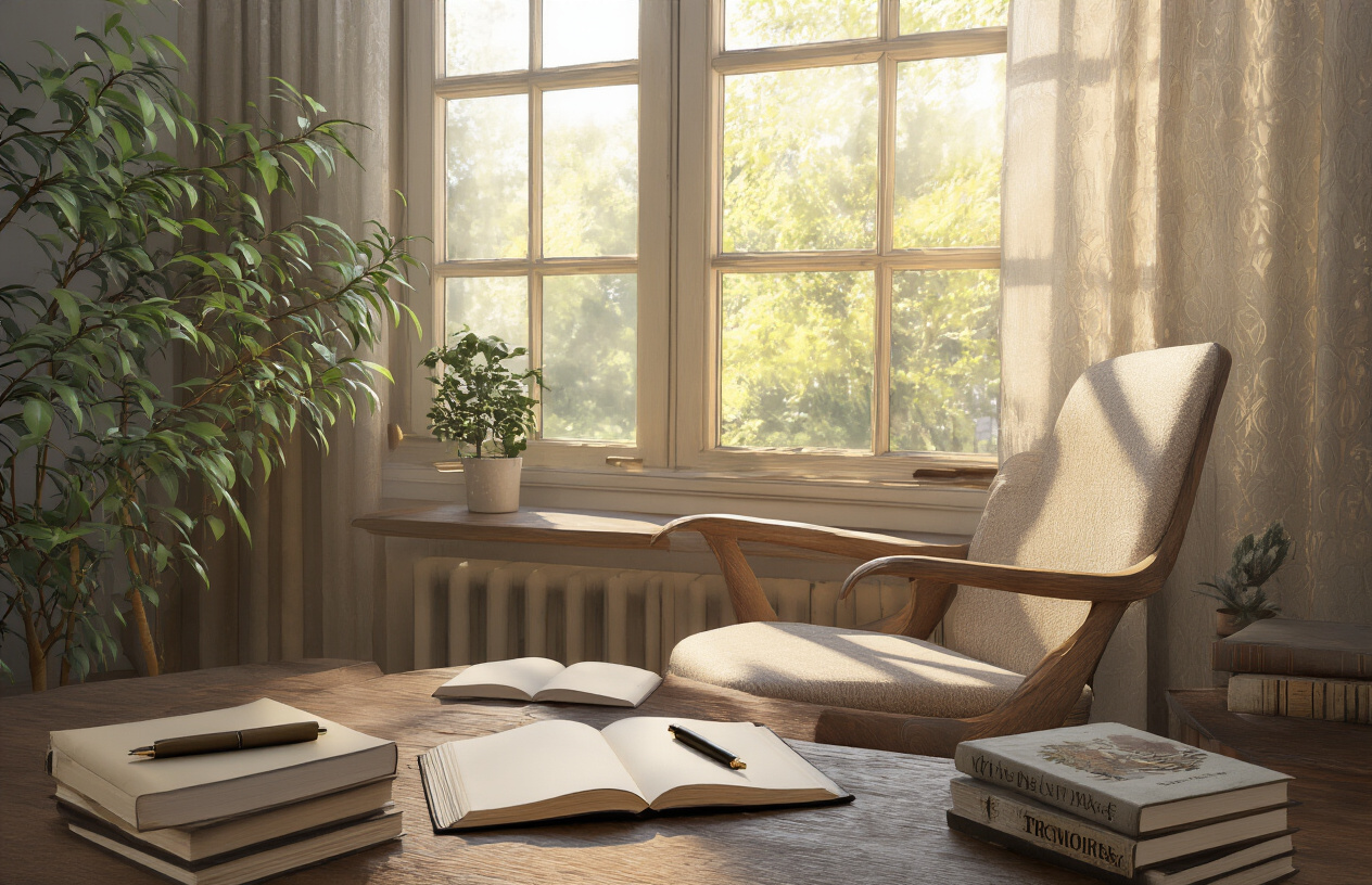 Create a realistic image of a serene office or study space with a comfortable chair facing a window with natural light streaming in, a wooden desk with an open journal and pen, some philosophical books stacked nearby, a small plant, and warm, contemplative lighting that suggests introspection and thoughtful reflection, with soft shadows creating a peaceful atmosphere for personal contemplation and writing, absolutely NO text should be in the scene.