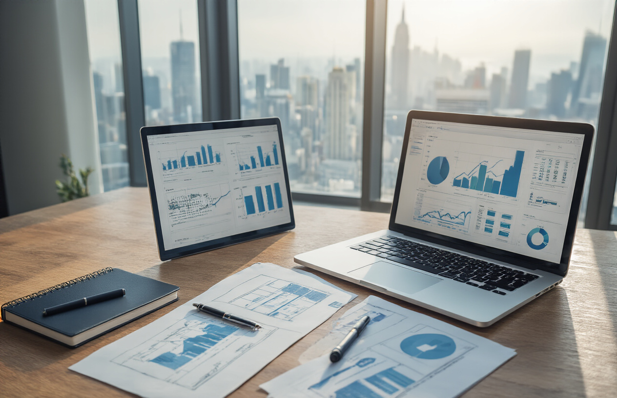 Create a realistic image of a modern professional workspace with a clean desk featuring an open laptop displaying charts and graphs, scattered business documents, a sleek notebook, and a pen, with a large window in the background showing a bright cityscape suggesting growth and opportunity, soft natural lighting creating an optimistic and forward-thinking atmosphere, absolutely NO text should be in the scene.