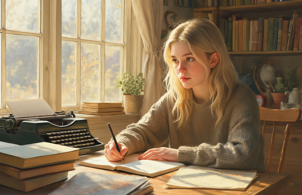 Create a realistic image of a young white female in her early twenties sitting at a wooden desk in a cozy room, writing in a notebook with books and papers scattered around, warm natural lighting streaming through a window, vintage typewriter visible in the background, suggesting the beginning of a writing or creative career, with a determined and hopeful expression on her face, surrounded by literary materials and personal belongings that hint at artistic aspirations, absolutely NO text should be in the scene.