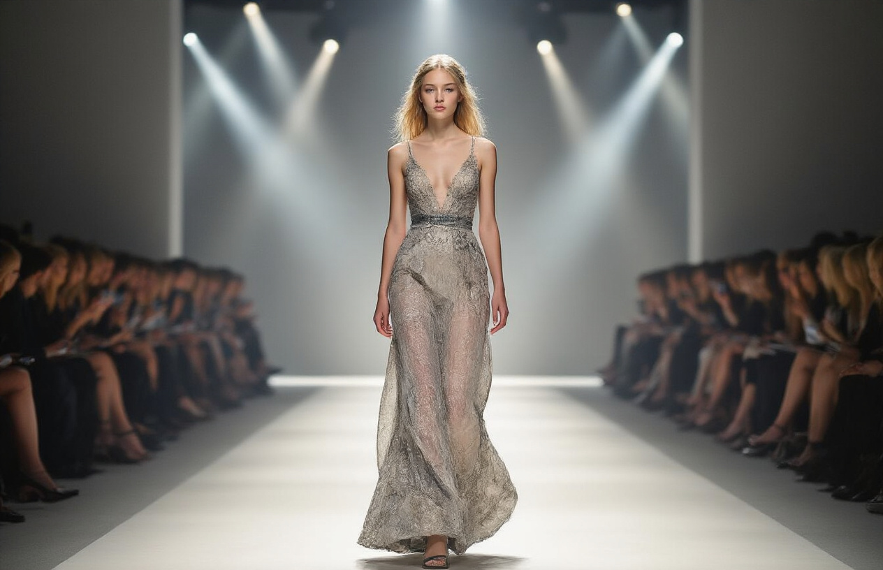Create a realistic image of a young white female model walking confidently on a high-fashion runway with bright spotlights illuminating her path, wearing an elegant designer dress, surrounded by a blurred audience of fashion industry professionals seated along the sides, with a modern minimalist runway backdrop featuring soft neutral tones, capturing the moment of breakthrough success in the fashion world, with dramatic lighting creating an aspirational and triumphant mood. Absolutely NO text should be in the scene.
