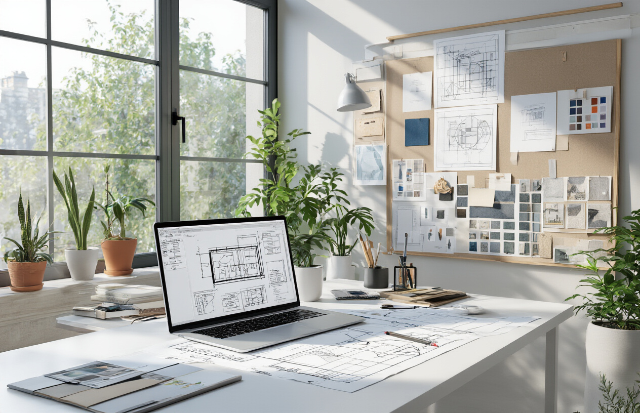 Create a realistic image of a modern creative workspace with architectural blueprints, design sketches, and project plans spread across a large white desk, a sleek laptop displaying design software, professional drafting tools, a mood board with fabric samples and color swatches pinned to the wall, natural lighting streaming through large windows, potted plants adding life to the space, and a minimalist aesthetic with clean lines and neutral colors conveying innovation and forward-thinking creativity, absolutely NO text should be in the scene.