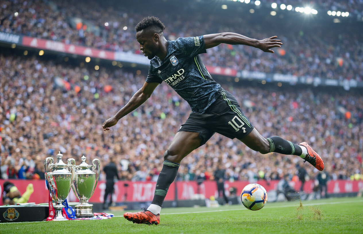 Create a realistic image of a black male professional soccer player in mid-kick during a match, wearing a team jersey, with a soccer stadium filled with cheering crowds in the background, bright stadium lighting illuminating the scene, capturing the dynamic motion and intensity of professional football, with trophies and medals subtly visible on a nearby bench suggesting career achievements, shot from a low angle to emphasize the athletic prowess and professional stature, Absolutely NO text should be in the scene.