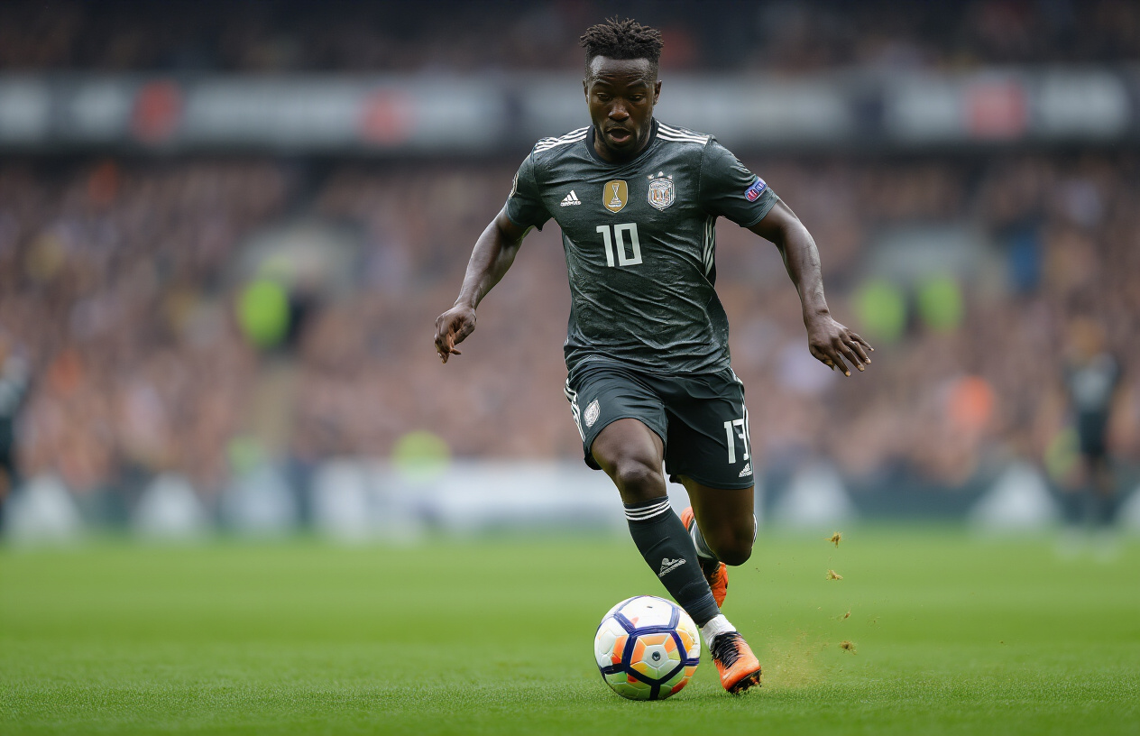 Create a realistic image of a black male professional soccer player in action on a green football pitch, demonstrating exceptional dribbling skills while controlling a soccer ball with precise footwork, wearing a modern team jersey, with the player's body positioned in a dynamic running motion that showcases technical ball control and agility, set against a blurred stadium background with natural daylight creating sharp focus on the player and ball, capturing the essence of elite football technique and athleticism, absolutely NO text should be in the scene.
