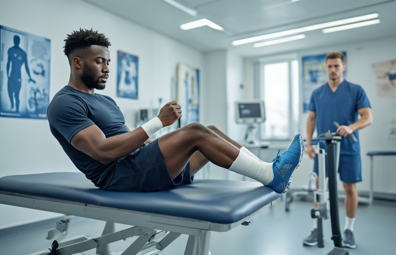 Create a realistic image of a black male professional soccer player in a modern rehabilitation facility, sitting on a medical table with his leg wrapped in physiotherapy bandages, looking determined and focused while working with exercise equipment, with a physical therapist in the background, bright clinical lighting, motivational sports posters on walls, and medical equipment visible, conveying themes of recovery, perseverance, and professional athletic comeback, absolutely NO text should be in the scene.