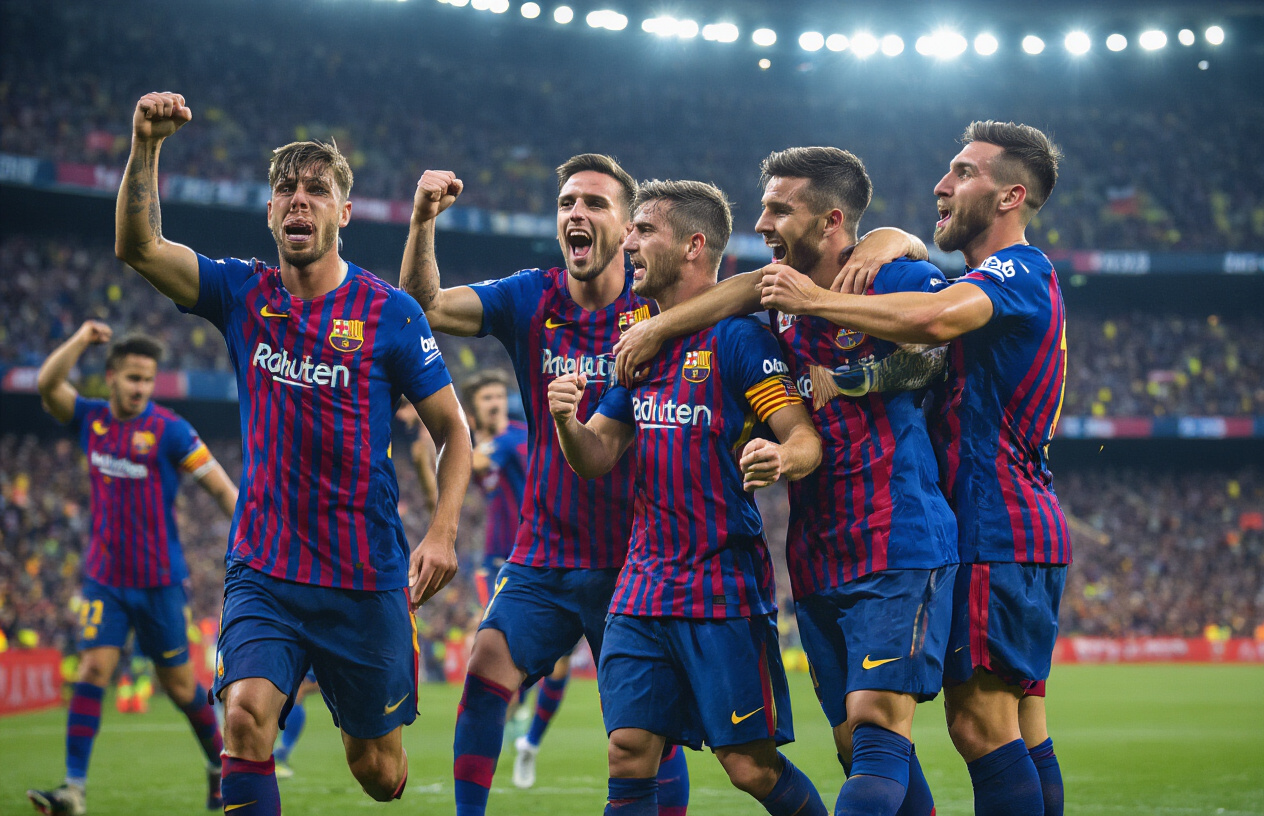 Create a realistic image of Barcelona football players in their iconic blue and red striped jerseys celebrating and showing determination on a football pitch, with some players raising their fists in triumph while others embrace, the scene captures the moment of overcoming challenges with a stadium atmosphere in the background, dramatic lighting highlighting the players' expressions of relief and joy, the grass field showing signs of an intense match, absolutely NO text should be in the scene.