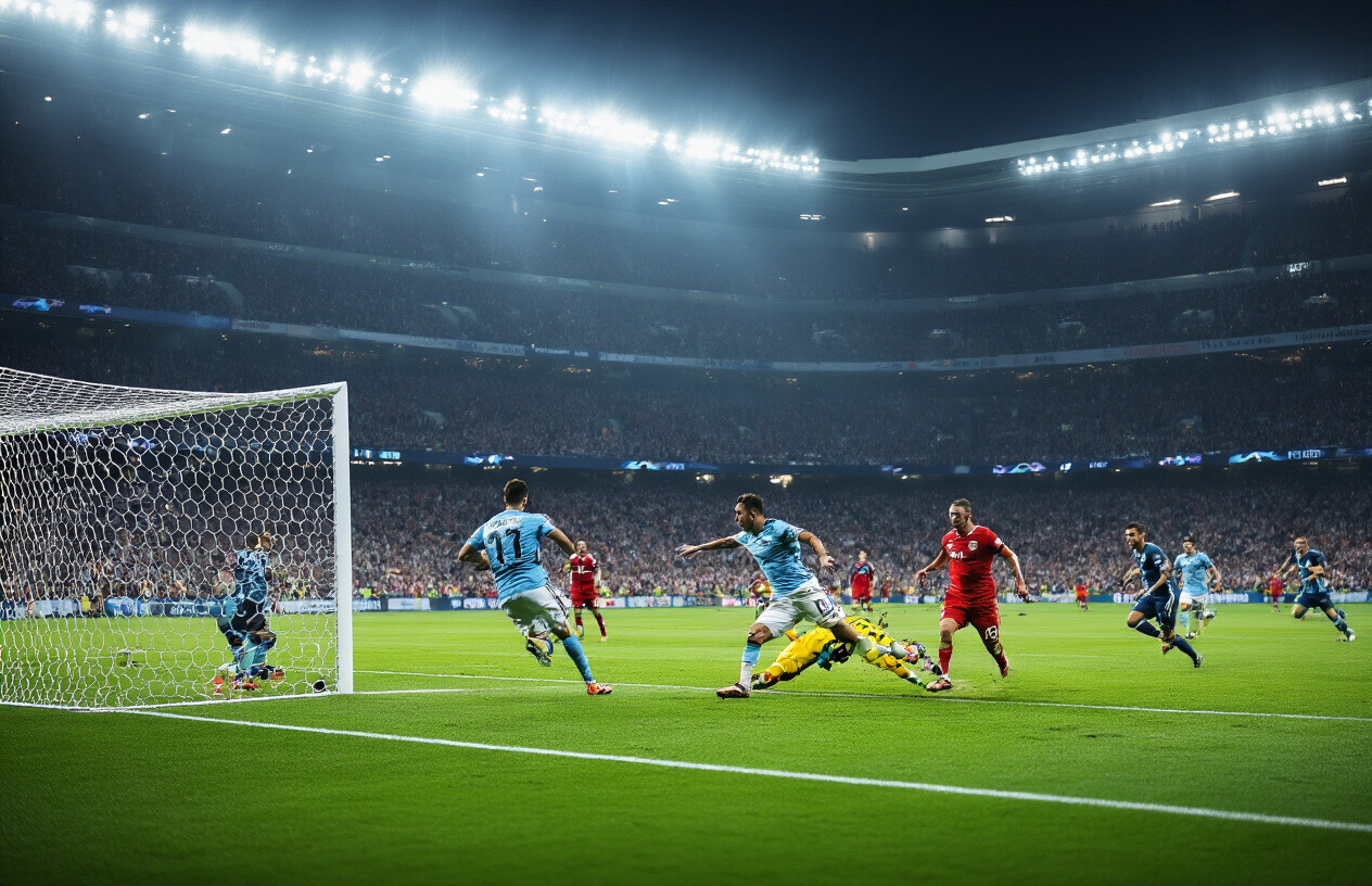 Create a realistic image of a football stadium during a match showing key moments of player performance, with players from both teams in action on a green pitch, featuring dramatic football moves like a goal celebration, a crucial save by a goalkeeper, and intense player interactions, with stadium lights illuminating the scene and crowds in the background, capturing the decisive moments that influenced the match outcome, with a dynamic and intense sporting atmosphere. Absolutely NO text should be in the scene.