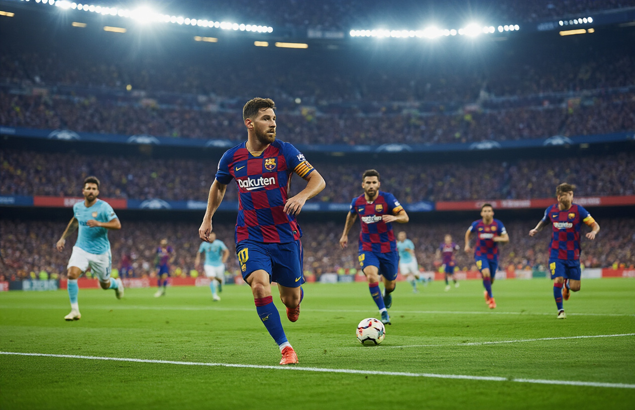 Create a realistic image of a football stadium during the second half of a match showing Barcelona players in their distinctive blue and red striped jerseys executing tactical plays on the pitch, with some players running forward in attacking positions while others are positioned strategically across the field, the stadium filled with cheering fans in the background under bright floodlights, capturing the intense atmosphere of a comeback moment with players showing determination and focus, the grass pitch clearly marked with white lines, and the scene conveying energy and momentum of a team pushing forward to score, absolutely NO text should be in the scene.