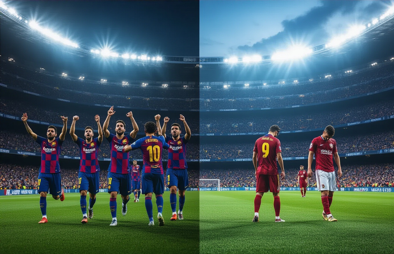Create a realistic image of a soccer stadium split-screen view showing contrasting emotions, with one half displaying celebrating players in Barcelona's blue and red jerseys raising their arms in victory, and the other half showing dejected Oviedo players in their team colors walking with heads down, stadium lights creating dramatic evening lighting, packed crowd in the background with mixed reactions, green grass pitch visible, mood conveying the significant impact of match results on season trajectories, absolutely NO text should be in the scene.