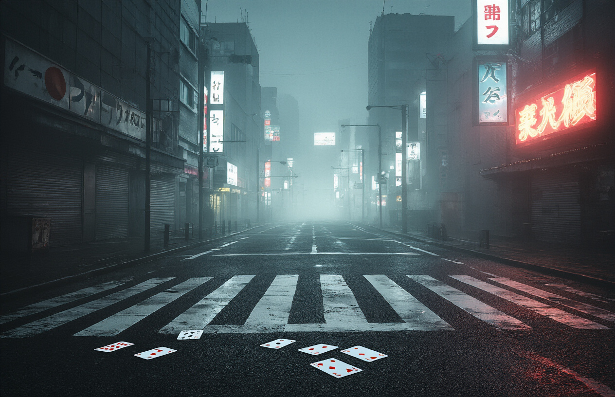 Create a realistic image of a mysterious urban setting with abandoned Tokyo city streets featuring empty crosswalks and modern buildings, with playing cards scattered on the asphalt ground, dramatic moody lighting with dark shadows and bright neon signs in the background creating an eerie apocalyptic atmosphere, foggy ambiance suggesting a deserted world, absolutely NO text should be in the scene.