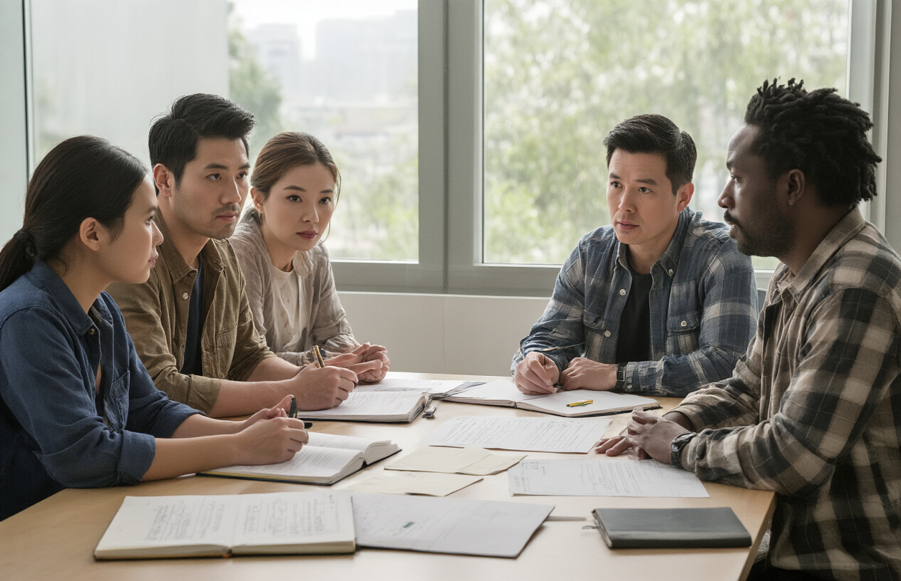 Create a realistic image of diverse actors in modern casual clothing sitting around a table during what appears to be a script reading or character discussion session, with open notebooks, character sheets, and performance notes scattered on the table, in a contemporary meeting room with soft natural lighting from large windows, creating a collaborative and analytical atmosphere where the Asian male and female actors, along with white and black cast members, are engaged in serious discussion about their roles, with some holding scripts and others taking notes, absolutely NO text should be in the scene.