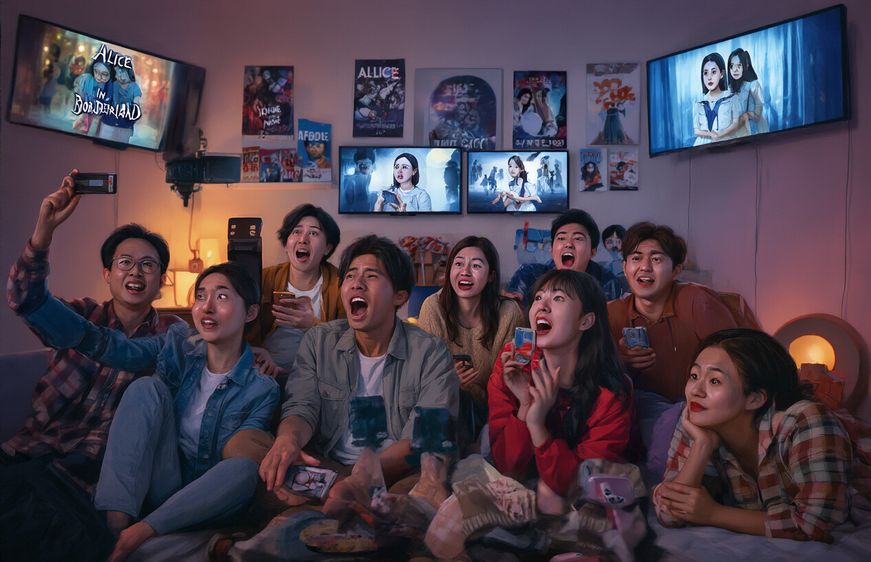 Create a realistic image of diverse fans of different races and genders gathered together watching Alice in Borderland on multiple screens, showing excited expressions and emotional reactions, with some holding smartphones filming their reactions, surrounded by Alice in Borderland merchandise and posters on the walls, in a dimly lit modern living room setting with warm ambient lighting from the screens casting glows on their faces, absolutely NO text should be in the scene.