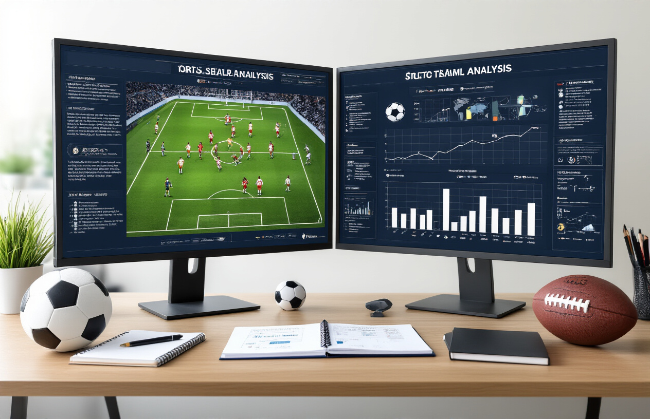 Create a realistic image of a split-screen composition showing two football team analysis boards side by side, with tactical formation diagrams, player statistics charts, and performance graphs displayed on each board, soccer balls and coaching equipment like notebooks and tactical markers placed on a modern desk surface, professional sports analysis office environment with clean lighting, focused analytical mood suggesting detailed team preparation and current form evaluation, absolutely NO text should be in the scene.
