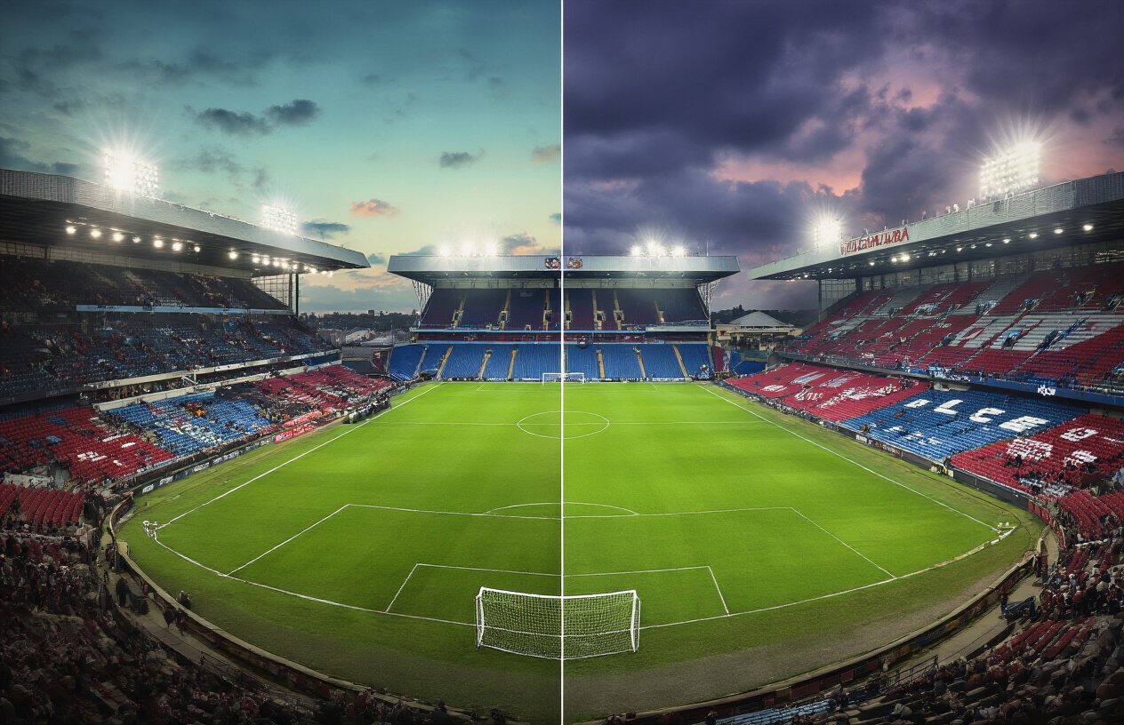 Create a realistic image of a split-screen composition showing Aston Villa's Villa Park stadium on the left side and Bologna FC's Stadio Renato Dall'Ara on the right side, both captured during evening matches with bright floodlights illuminating the green pitches, vibrant team colors visible in the stands with claret and blue sections for Aston Villa and red and blue sections for Bologna, a subtle dividing line down the middle separating both stadiums, dramatic cloudy sky above both venues, and a nostalgic vintage filter overlay suggesting historical significance, absolutely NO text should be in the scene.