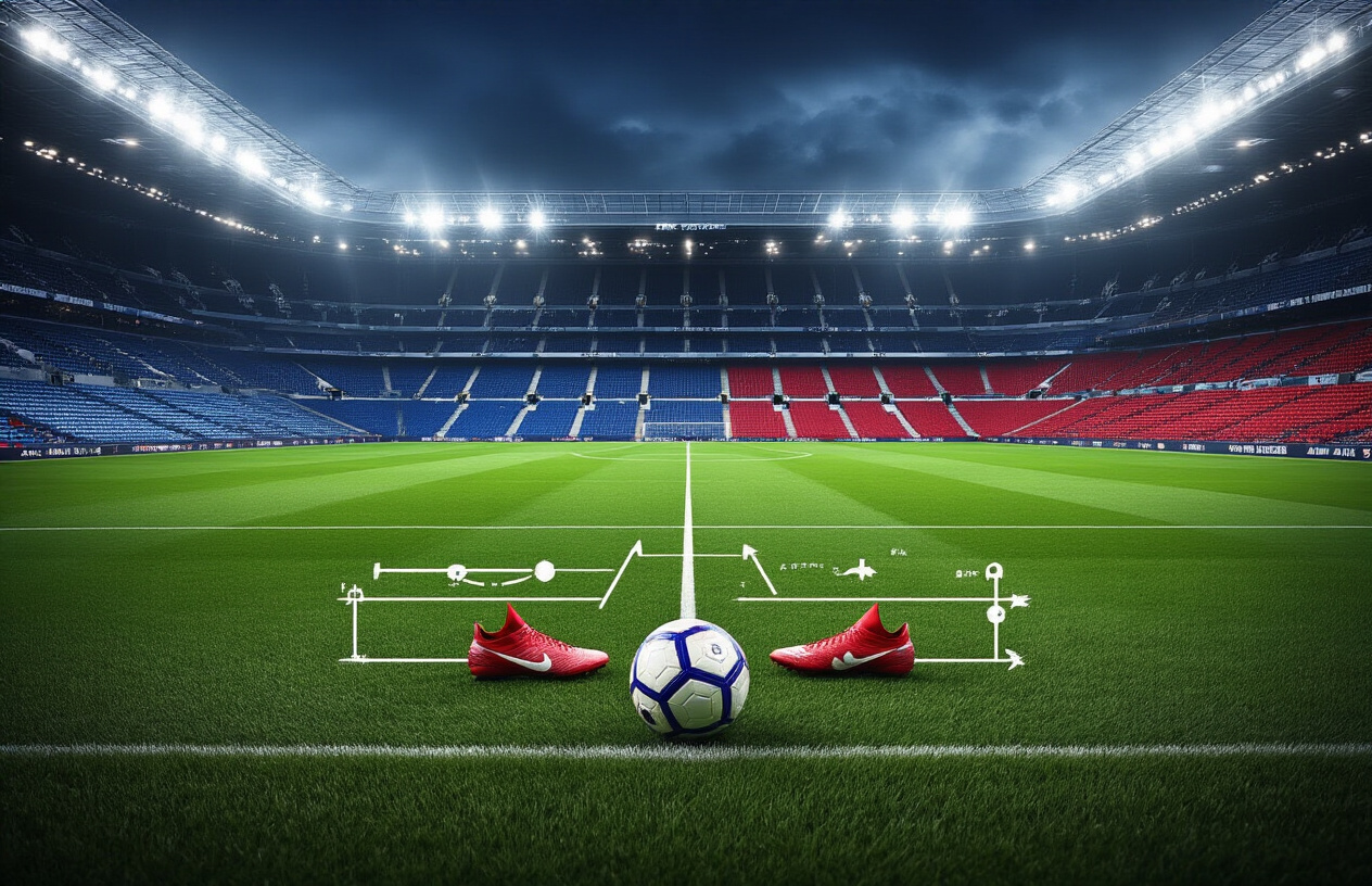Create a realistic image of a football stadium split scene showing Aston Villa's claret and blue colors on one half and Bologna's red and blue colors on the other half, with tactical formation diagrams subtly displayed on the pitch grass, football boots and a ball positioned in the center, dramatic stadium lighting creating an anticipatory atmosphere before kickoff, empty seats suggesting pre-match preparation time, with statistical charts and tactical boards visible on the sidelines. Absolutely NO text should be in the scene.