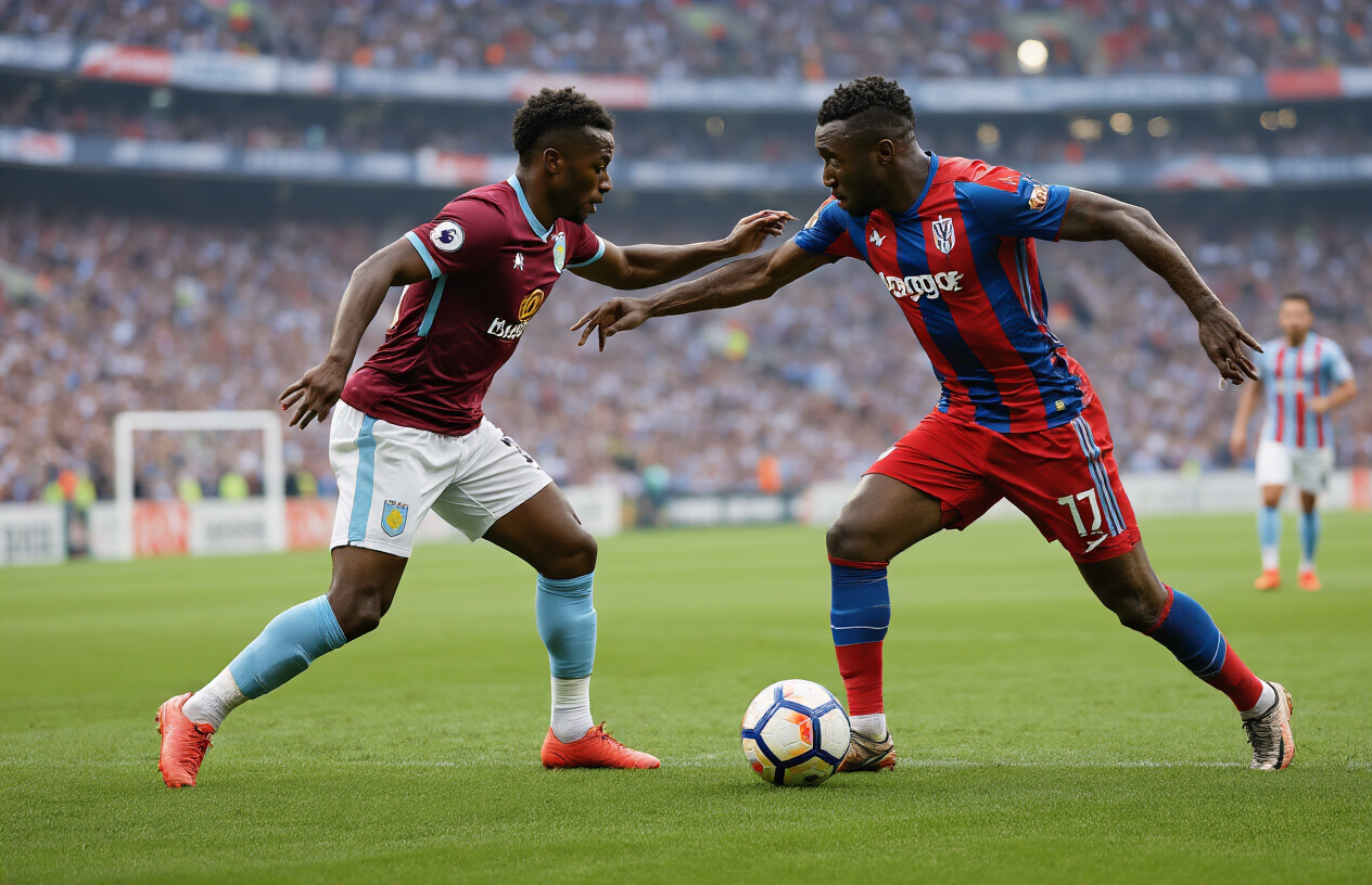 Create a realistic image of two soccer players from different teams facing each other in an intense one-on-one confrontation on a football pitch, one player wearing Aston Villa's claret and blue jersey and another wearing Bologna's red and blue striped jersey, both male athletes of different races showing focused determination, with a blurred stadium background filled with spectators, dramatic sports lighting highlighting the players, capturing the competitive tension of individual player battles during a match, Absolutely NO text should be in the scene.