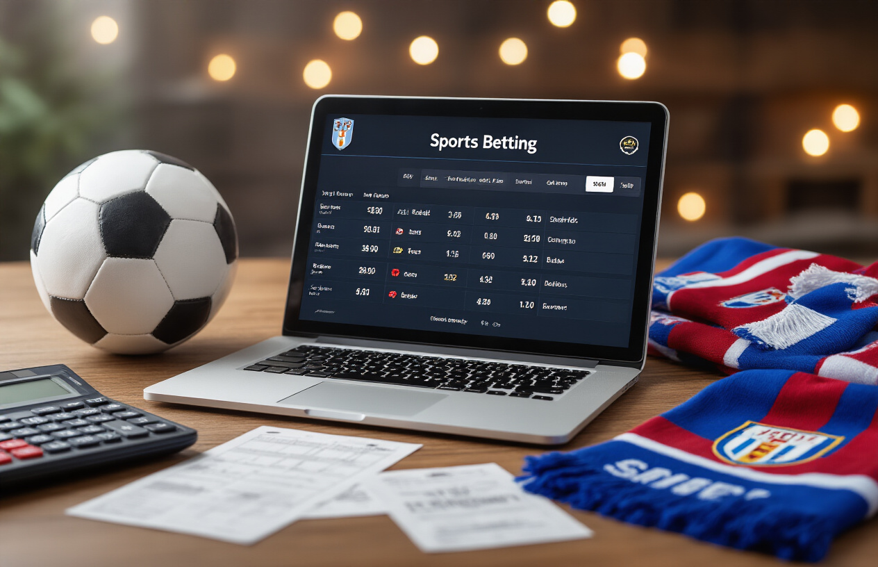 Create a realistic image of a modern sports betting interface displayed on a tablet or laptop screen showing football odds and statistics, surrounded by football-related items like a soccer ball, team scarves in Aston Villa's claret and blue colors and Bologna's red and blue colors, betting slips, and a calculator on a wooden desk, with soft ambient lighting creating a professional analytical atmosphere, absolutely NO text should be in the scene.