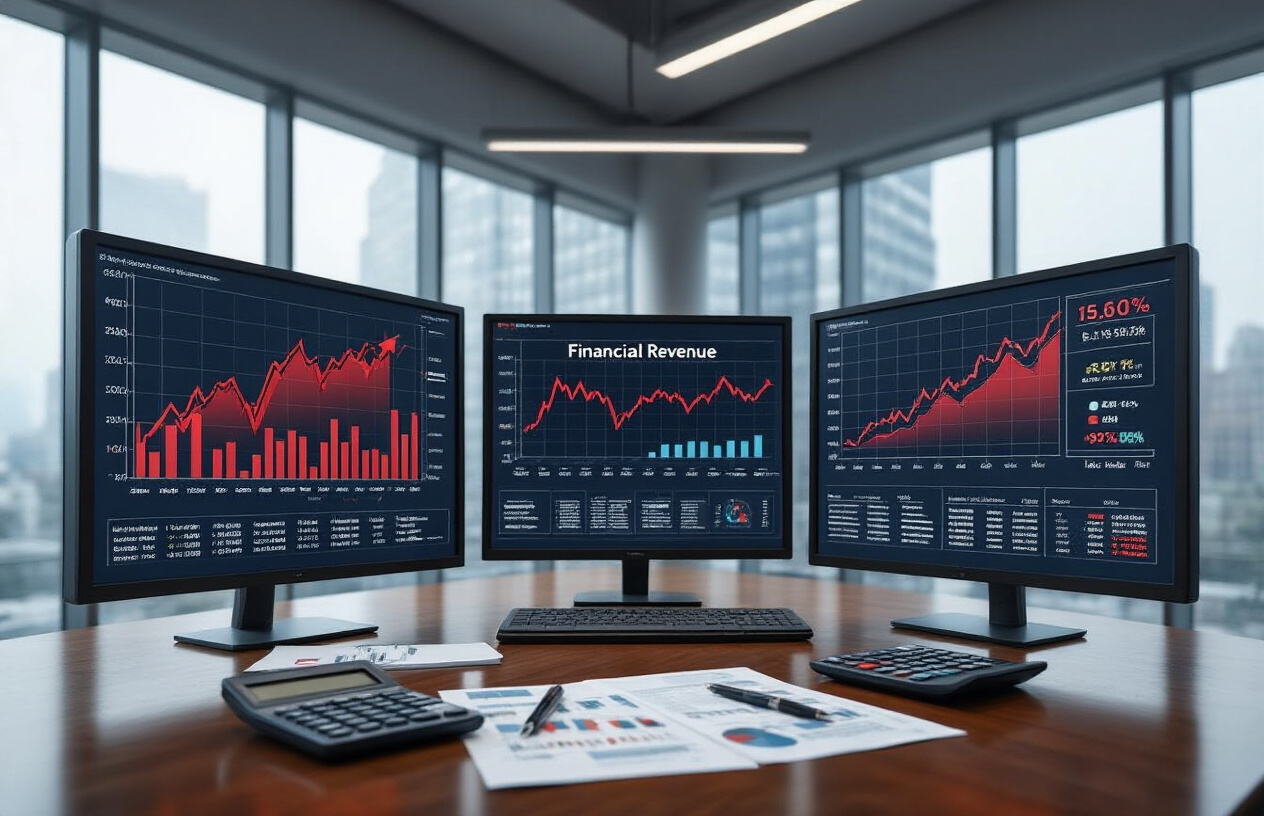 Create a realistic image of a modern corporate boardroom with financial charts and graphs displayed on screens showing declining revenue trends, red downward arrows, and cost reduction data, with calculators, financial documents, and budget spreadsheets scattered on a polished wooden conference table, illuminated by bright fluorescent office lighting against a backdrop of floor-to-ceiling windows overlooking a business district, conveying a serious analytical atmosphere focused on financial restructuring and cost management. Absolutely NO text should be in the scene.