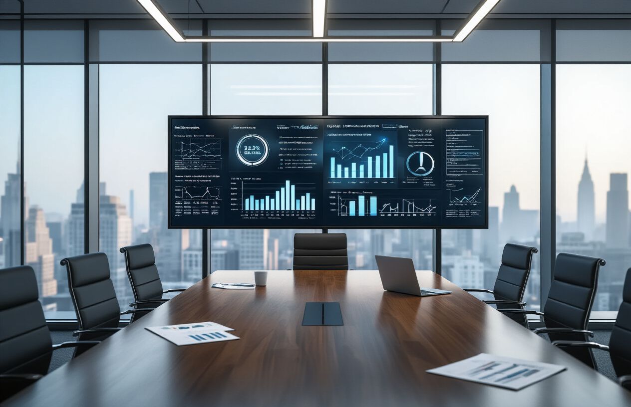 Create a realistic image of a modern corporate boardroom with a large digital screen displaying AI analytics dashboards and automation charts, a polished conference table with scattered business documents and laptops, empty office chairs suggesting recent departures, soft fluorescent lighting creating a somber professional atmosphere, floor-to-ceiling windows showing a city skyline in the background, the mood conveying strategic corporate transformation and organizational change, absolutely NO text should be in the scene.