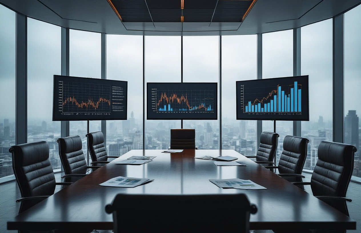 Create a realistic image of a modern corporate boardroom with a large glass conference table surrounded by empty leather chairs, dramatic downward-trending financial charts and graphs displayed on wall-mounted screens, scattered business documents and reports on the table, dim natural lighting filtering through floor-to-ceiling windows showing a cloudy cityscape, creating a tense and uncertain atmosphere that conveys economic pressure and difficult business decisions, absolutely NO text should be in the scene.