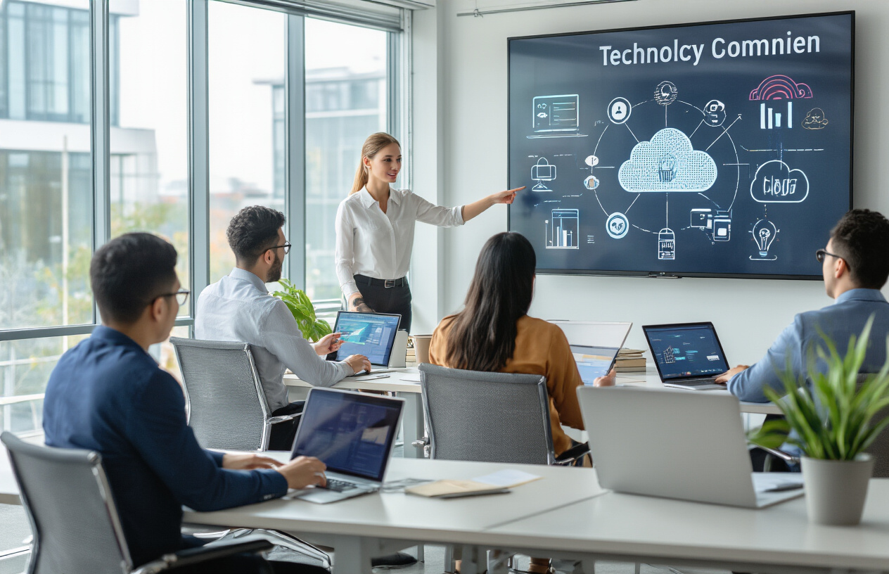Create a realistic image of a modern corporate training center with diverse professionals including white male, black female, and Asian male employees seated at sleek workstations with laptops and digital tablets, engaged in upskilling activities, with a female white instructor pointing to a large wall-mounted display showing technology concepts like AI and cloud computing icons, bright natural lighting streaming through floor-to-ceiling windows, clean contemporary office environment with glass partitions and modern furniture, professional atmosphere conveying growth and learning, absolutely NO text should be in the scene.