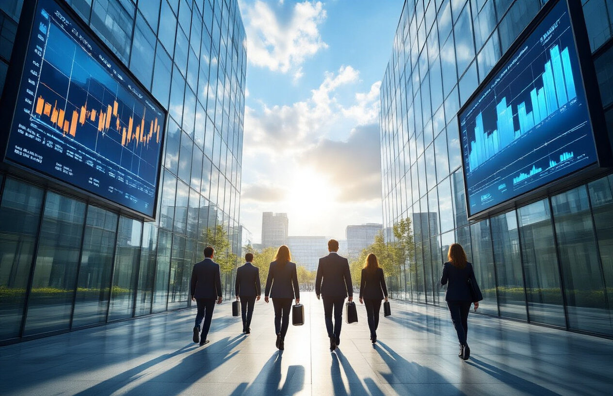 Create a realistic image of a modern corporate office building with glass facades reflecting sunlight, showing upward-trending financial charts and graphs displayed on multiple large digital screens visible through the windows, with a few white and black male and female business professionals in suits walking confidently in the foreground carrying briefcases and tablets, set against a bright blue sky with some clouds, conveying a sense of business resilience and growth, shot during daytime with natural lighting creating a professional and optimistic atmosphere, absolutely NO text should be in the scene.