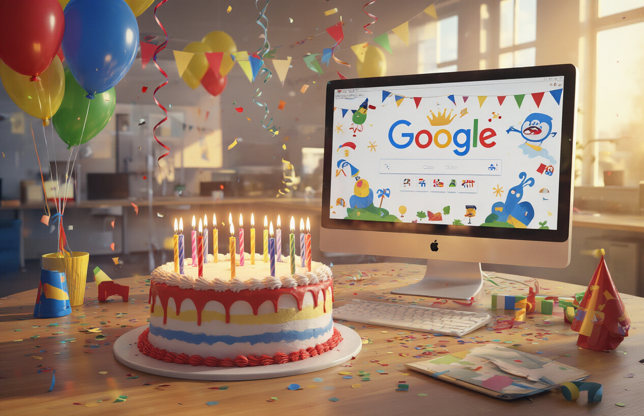 Create a realistic image of Google's colorful birthday celebration scene featuring a large birthday cake with 27 lit candles, surrounded by festive party decorations in Google's signature colors (blue, red, yellow, green), with balloons, confetti, and streamers in the background, alongside a computer screen displaying Google's special anniversary doodle with playful animated elements, set in a bright, cheerful office environment with warm lighting that creates a joyful celebratory atmosphere, absolutely NO text should be in the scene.