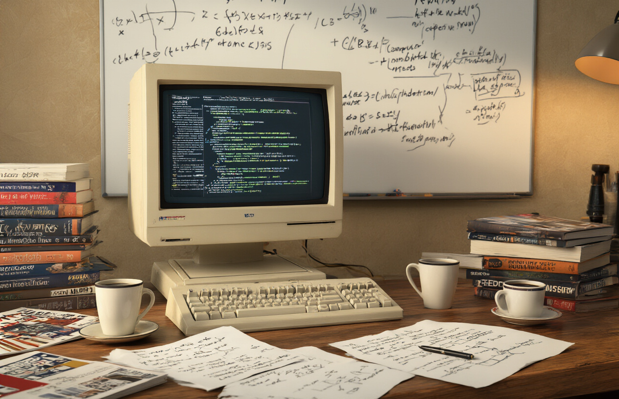 Create a realistic image of a vintage computer workstation from the late 1990s with an old CRT monitor displaying early web search interface, surrounded by scattered papers with mathematical equations and algorithms, a whiteboard in the background with brainstorming notes and company name concepts, books about computer science and mathematics stacked nearby, warm office lighting creating a nostalgic startup atmosphere, with coffee cups and tech magazines scattered on the wooden desk, capturing the innovative spirit of early internet company formation, absolutely NO text should be in the scene.