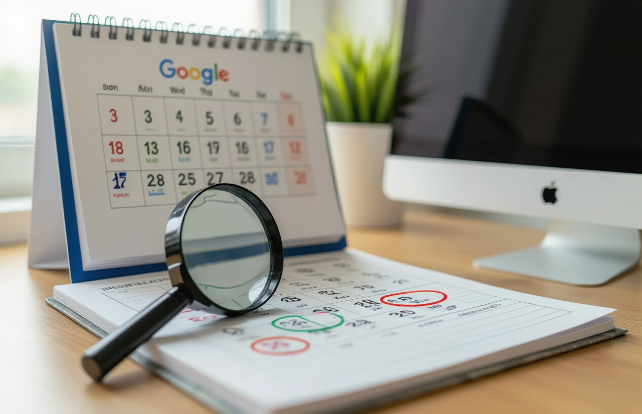 Create a realistic image of a close-up view of a modern calendar or planner opened to September, with multiple dates circled or highlighted in different colors, alongside a computer screen displaying Google's homepage, with a magnifying glass positioned over the calendar suggesting research and investigation, set on a clean wooden desk with soft natural lighting from a nearby window, creating a professional and analytical atmosphere. Absolutely NO text should be in the scene.