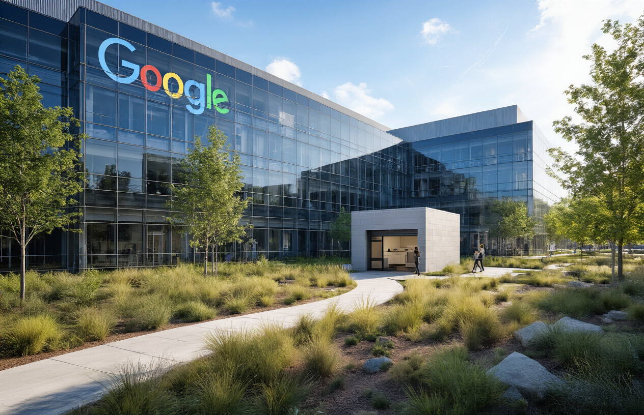 Create a realistic image of a modern corporate transformation scene showing the evolution from startup to tech giant, featuring a sleek modern Google campus building with glass architecture in the background, a small garage or modest office space in the foreground representing humble beginnings, connecting elements like a winding path or timeline visualization between the two spaces, bright daylight with clear blue sky, clean professional atmosphere with trees and landscaping around the modern building, showing the contrast between small beginnings and massive corporate success, absolutely NO text should be in the scene.