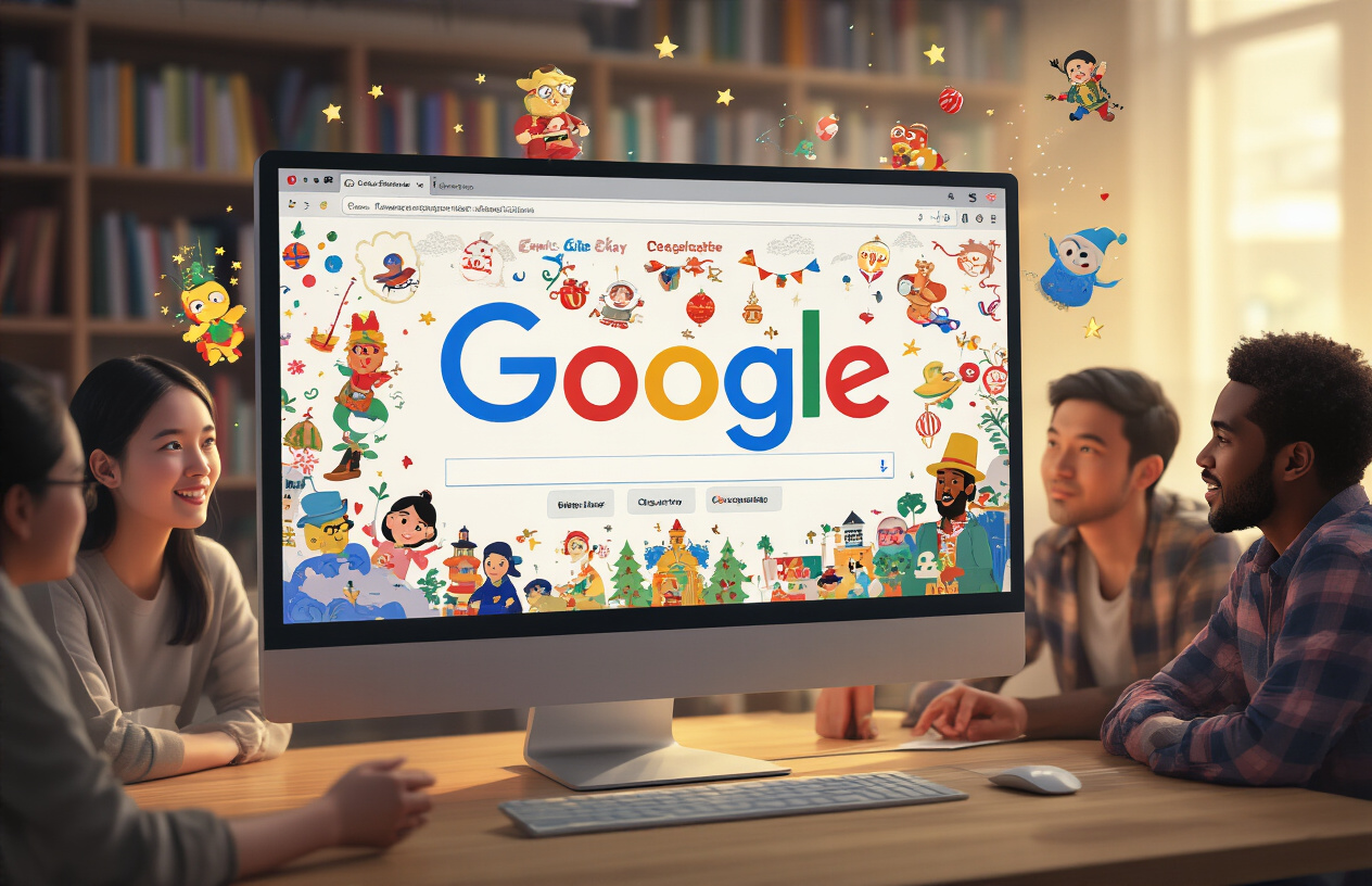 Create a realistic image of a computer monitor displaying the Google homepage with various colorful and creative Google Doodle designs scattered around the screen as floating artistic elements, including animated characters, holiday themes, historical figures, and cultural celebrations, with a diverse group of people in the background - white female, black male, Asian female - looking at the screen with expressions of wonder and engagement, soft warm lighting illuminating the scene, modern office or library setting with bookshelves visible, conveying a sense of discovery and cultural appreciation, absolutely NO text should be in the scene.