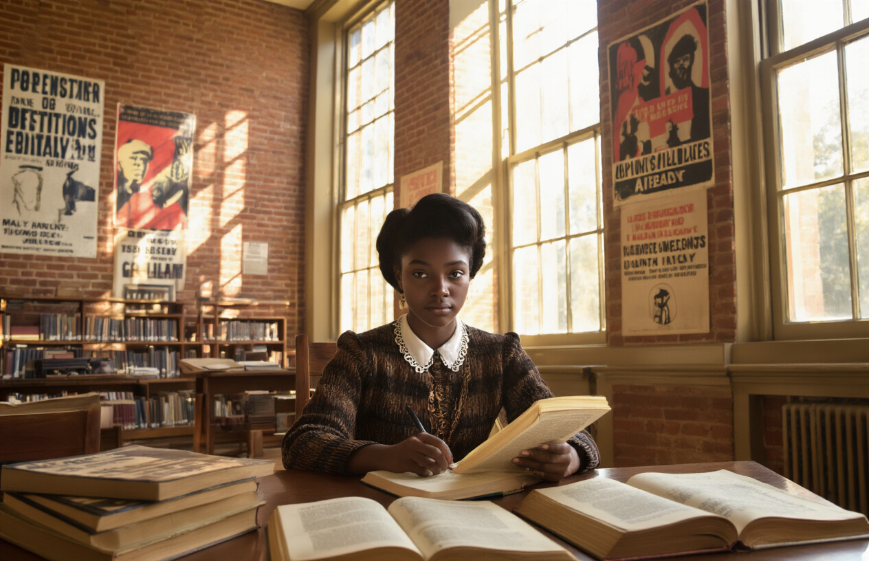 Create a realistic image of a young Black female college student from the 1960s sitting at a wooden desk in a university library, surrounded by open books about civil rights and political theory, with vintage protest posters visible on brick walls in the background, warm afternoon sunlight streaming through tall windows creating dramatic shadows, the atmosphere conveying intellectual curiosity and social consciousness of the era, with period-appropriate clothing and hairstyles, Absolutely NO text should be in the scene.