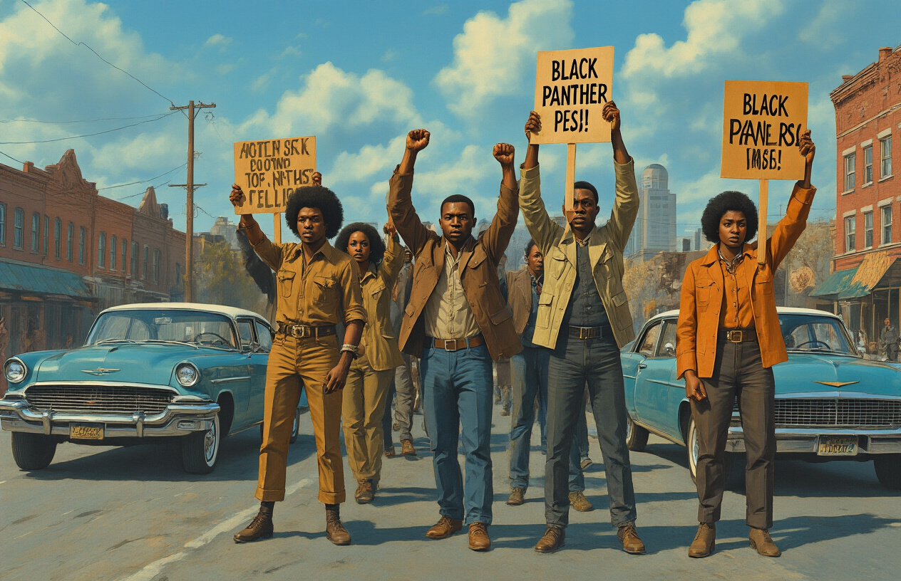 Create a realistic image of a group of Black male and female activists in 1970s attire holding protest signs and raised fists in a powerful demonstration pose, with vintage cars and urban buildings from the civil rights era in the background, dramatic lighting with strong shadows emphasizing the determination and solidarity of the movement, capturing the revolutionary spirit and community organizing atmosphere of the Black Panther Party era. Absolutely NO text should be in the scene.
