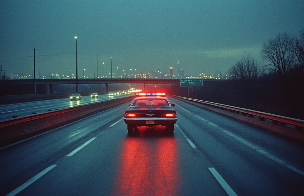 Create a realistic image of a nighttime scene on the New Jersey Turnpike showing a pulled-over car with flashing police lights in the background, focusing on the highway setting with multiple lanes, guardrails, and distant city lights creating an tense atmosphere, with the scene illuminated by the red and blue emergency lights reflecting off the wet asphalt, capturing the serious mood of a police stop incident from the 1970s era. Absolutely NO text should be in the scene.