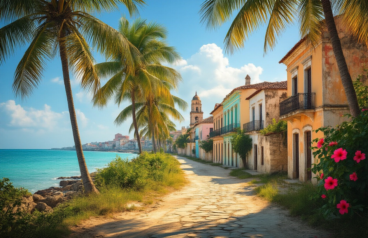 Create a realistic image of a coastal Cuban landscape with palm trees swaying in the breeze, colonial-style buildings with colorful facades in the background, a peaceful Caribbean setting with turquoise waters visible in the distance, warm golden sunlight creating long shadows, tropical vegetation including hibiscus flowers, a sense of refuge and sanctuary, weathered stone pathways, and a serene atmosphere suggesting a place of exile and new beginnings, absolutely NO text should be in the scene.