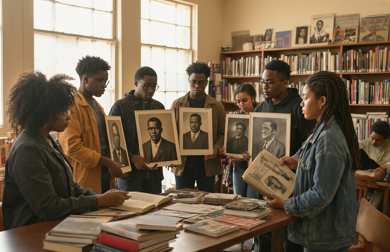 Create a realistic image of a diverse group of young black activists holding portraits and photographs while gathered in an urban community center or library setting, with bookshelves containing civil rights literature visible in the background, warm natural lighting streaming through windows creating an inspiring and reverent atmosphere, some people reading books while others engage in quiet discussion, creating a scene that conveys the ongoing influence of historical civil rights figures on contemporary social justice movements, absolutely NO text should be in the scene.