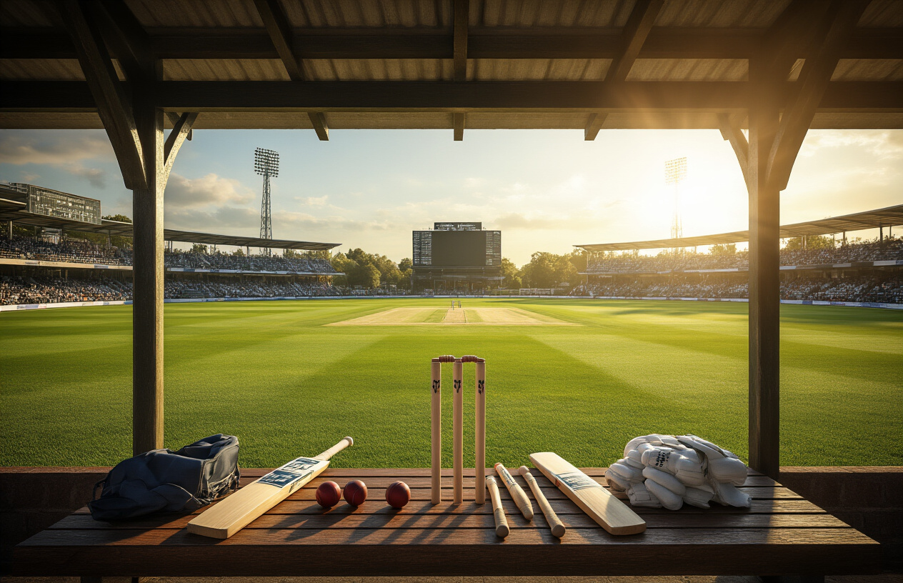 Create a realistic image of a cricket stadium with a well-maintained grass field, white cricket stumps and boundary markers visible, a scoreboard in the background, and cricket equipment including bats, balls, and protective gear arranged on a wooden bench near the pavilion, with warm afternoon sunlight casting long shadows across the pitch, creating an atmosphere of professional domestic cricket competition, absolutely NO text should be in the scene.