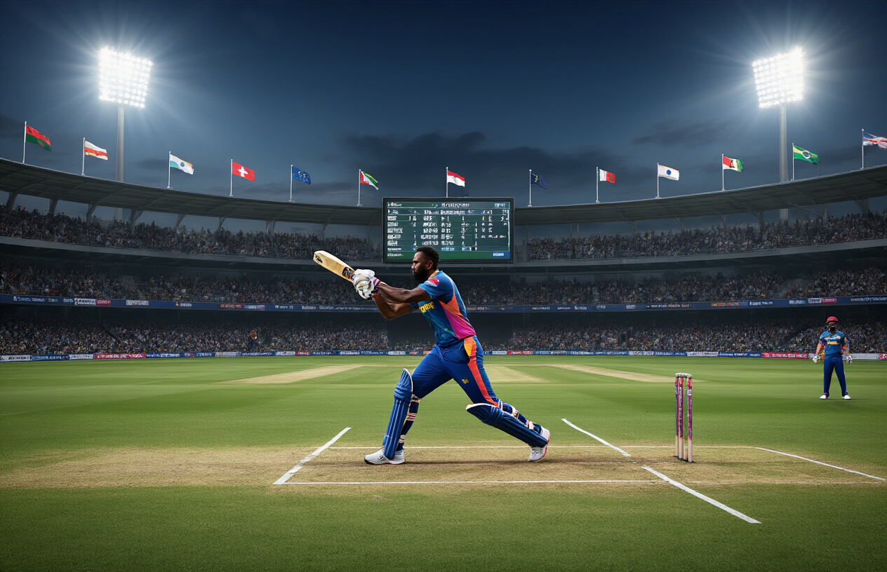 Create a realistic image of a professional cricket stadium during a T20 match with floodlights illuminating the field, a black male cricket player in colorful team uniform bowling or batting in action, international flags displayed around the stadium perimeter, crowded spectator stands, and a large electronic scoreboard visible in the background showing match statistics, capturing the energetic atmosphere of global T20 cricket competition, absolutely NO text should be in the scene.