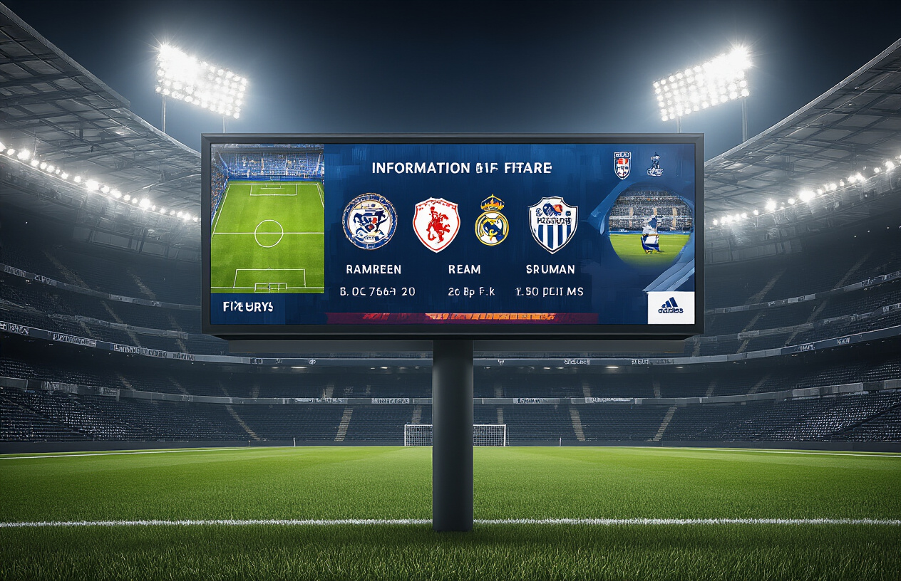 Create a realistic image of a modern football stadium information board displaying match details, with a digital screen showing team logos and fixture information, surrounded by stadium architecture with empty seats visible in the background, under bright stadium lighting, with a professional sports venue atmosphere, absolutely NO text should be in the scene.